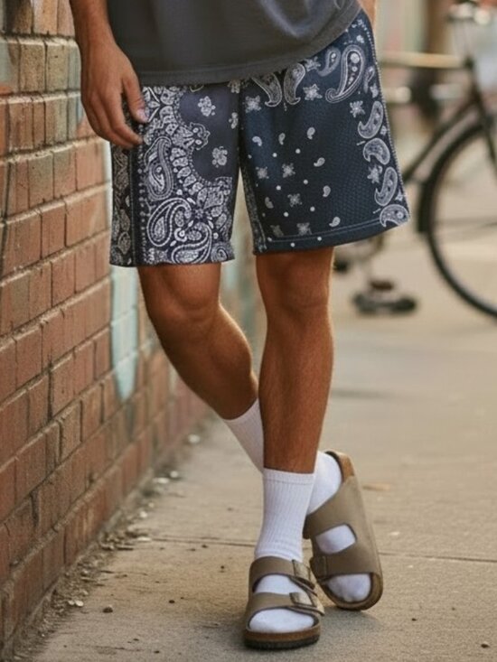 Bravest Studios Other - BRAVEST STUDIOS Mens Medium Mesh Shorts Paisley Patchwork Drawstring Gray White